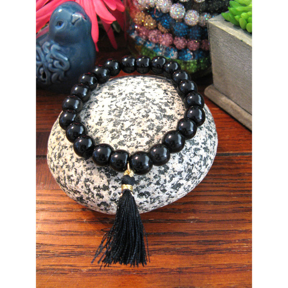 New Natural Black Obsidian Beaded Cuff Bracelet w/ Tassel - Picture 3 of 8